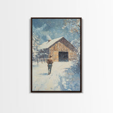 Load image into Gallery viewer, Cowboy Walking in Snow Scene Framed Canvas Print - Moody Landscape Art for Winter Home Decor 2024 Rustic Winter Wall Art
