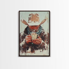 Load image into Gallery viewer, Cowboy Riding Horse in Winter Forest Framed Canvas Print - Moody Winter Landscape Art Perfect 2024 Christmas Home Decor
