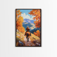 Load image into Gallery viewer, Cowboy Riding Through Autumn Mountains Framed Canvas Print Fall Landscape Art Christmas Decor Seasonal Wall Art Cowboy Christmas Gift Idea
