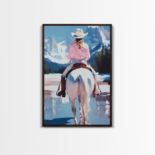 Cargar imagen en el visor de la galería, Female Cowboy Riding Through Winter Mountains Framed Canvas Print Christmas Wall Art Winter Wonderland Vintage Christmas Gift Wall Art
