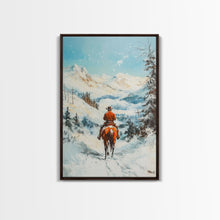 Load image into Gallery viewer, Cowboy Riding Through Snowy Mountains Framed Canvas Print Christmas Wall Art Winter Wonderland Decor Seasonal Wall Art Christmas Gift Idea
