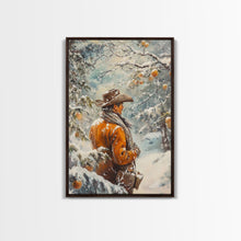 Load image into Gallery viewer, Cowboy in Snowy Orchard Canvas Print with Frosty, Christmas Wall Art Gift, Seasonal Decor, Winter Wonderland, Holiday Decor, Canvas Print
