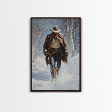 Load image into Gallery viewer, Cowboy Riding Horse in Snowy Forest Canvas Print, Winter Wall Art, Western, Rustic Christmas Wall Art, Seasonal Holiday Decor, Canvas Print
