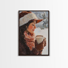 Load image into Gallery viewer, Framed canvas print of a peaceful winter scene with a woman a hot chocolate perfect for holiday gift idea or rustic Christmas wall art decor
