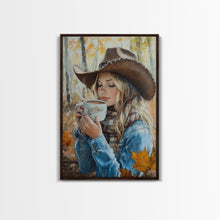 Carregar imagem no visualizador da galeria, Fall-themed farmhouse framed canvas print a woman with coffee amidst autumn leaves ideal harvest home decor or seasonal wall art gift idea
