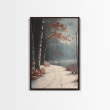 Load image into Gallery viewer, Framed Canvas Print of a Snowy Path with Trees and Red Leaves, Winter Wall Art, Moody Landscape, Best Gift Idea, Modern Christmas Decor
