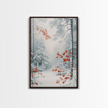 Carregar imagem no visualizador da galeria, Canvas Print of Winter Wonderland with Red Leaves in Snow, Winter Wall Art, Best Gift Idea, Moody Landscape, Christmas Home Decor
