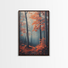Carregar imagem no visualizador da galeria, Framed Canvas Print of Misty Autumn Forest with Vibrant Red Leaves, Seasonal Wall Art, Modern Farmhouse, Gift Idea, Fall Landscape Art
