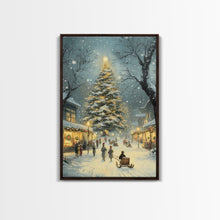 Cargar imagen en el visor de la galería, Christmas Tree Village Snowy Winter Scene Framed Canvas Print Christmas Wall Art Christmas Decor Christmas Tree Art Holiday Gift Winter Art
