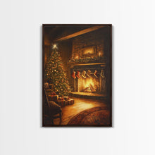 Load image into Gallery viewer, Rustic Cabin Fireplace With Christmas Tree Framed Canvas Print Warm Holiday Decor With Stockings And Christmas Lights Christmas Wall Art
