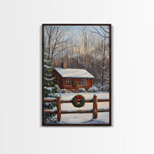 Load image into Gallery viewer, Snowy Log Cabin With Wreath And Fence Framed Canvas Print Rustic Winter Scene With Cozy Cabin In Snow Perfect Christmas Home Decor Wall Art
