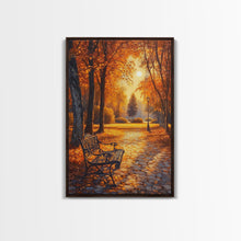 Carregar imagem no visualizador da galeria, Autumn Park Bench Scene With Trees And Lamppost Framed Canvas Print Wall Art Fall Decor, Rustic Autumn Art Gift, Seasonal Canvas Art
