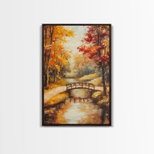 Carregar imagem no visualizador da galeria, Autumn Bridge Over Stream Framed Canvas Print Wall Art Fall Landscape Decor, Rustic Autumn Art Gift, Seasonal Wall Art
