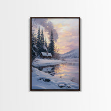 Load image into Gallery viewer, Cabin In Snowy Forest Framed Canvas Print Wall Art Winter Landscape Decor, Cozy Christmas Art Gift, Rustic Winter Wonderland Art
