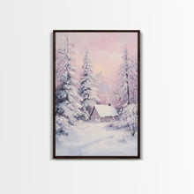 Load image into Gallery viewer, Pink Snowy Cabin Landscape Framed Canvas Print Wall Art Winter Wonderland Decor, Christmas Art Gift, Rustic Winter Scene Art
