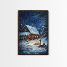 Load image into Gallery viewer, Cowboy Christmas by the Fire Framed Canvas Print, Western Holiday Decor with Snowy Cabin, Cozy Art Perfect for Rustic Christmas Winter Decor
