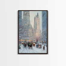 Cargar imagen en el visor de la galería, Historical City Winter Framed Canvas Print, Snowy Urban Landscape with Carriages and Victorian Architecture, Elegant Christmas Wall Art
