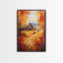 Carregar imagem no visualizador da galeria, Autumn Barnyard Framed Canvas Print, Vibrant Fall Landscape Cowboy and Barn, Perfect Rustic Wall Art Farmhouse or Ranch Style Fall Decor

