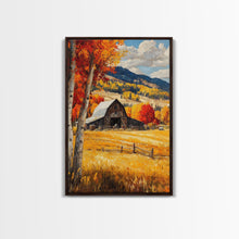 Load image into Gallery viewer, Countryside Barn in Autumn Framed Canvas Print, Bright Fall Landscape Birch Trees, Rustic Wall Art Country Home or Farmhouse Autumn Decor
