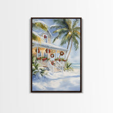 Carregar imagem no visualizador da galeria, Beach Christmas porch with palm trees and wreaths, holiday decor Framed Canvas Print Christmas wall art farmhouse tropical decor idea
