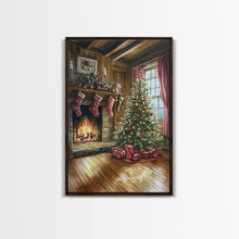 Load image into Gallery viewer, Cozy farmhouse Christmas interior Framed Canvas Print with tree stockings and fireplace, warm holiday art rustic Christmas decor mantle
