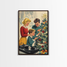 Load image into Gallery viewer, Mid-Century Family Christmas Celebration with Turntable and Christmas Tree, Retro Holiday Wall Art, Framed Canvas Print
