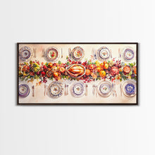 Load image into Gallery viewer, Festive Thanksgiving dinner table setting with colorful centerpiece, framed canvas print perfect autumn holiday decor wall art
