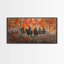Load image into Gallery viewer, Framed Canvas Print Horseback Riders in Rustic Fall Forest, Cowboy Theme Wall Art, Autumn Home Decor, and Seasonal Canvas Wall Print
