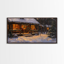 Cargar imagen en el visor de la galería, Festive Log Cabin Winter Scene Framed Canvas Print Christmas Wall Art, Rustic Holiday Art, Cozy Christmas Scene, Seasonal Wall Decor Gift
