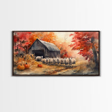Load image into Gallery viewer, Framed Canvas Print Autumn Farm with Sheep and Pumpkins, Perfect Fall Decor, Rustic Country Home Wall Art, Seasonal Autumn Canvas Print
