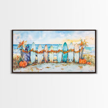 Load image into Gallery viewer, Framed Canvas Print Beach Scene with Surfboards and Pumpkins, Fall Beach Decor, Autumn Coastal Wall Art, Perfect Fall Beach Theme
