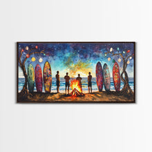 Carregar imagem no visualizador da galeria, Canvas Print Beach Bonfire with Surfboards Under Stars, Coastal Christmas Art, Tropical Holiday Wall Art, Beach Christmas Decor
