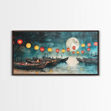 Load image into Gallery viewer, Framed Canvas Print Full Moon Lanterns on Boats, Dreamy Night Scene, Watercolor Christmas Art, Unique Holiday Decor, Coastal Christmas
