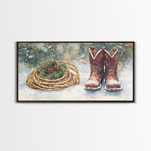 Carregar imagem no visualizador da galeria, Canvas Print Cowboy Boots with Christmas Wreath and Rope, Rustic Christmas Decor, Winter Western Holiday Art, Farmhouse Wall Print
