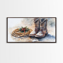 Load image into Gallery viewer, Framed Canvas Print Cowboy Boots and Rope with Pinecones, Rustic Winter Decor, Western Christmas Art, Perfect Holiday Wall Print
