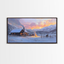 Load image into Gallery viewer, Cozy Snowy Log Cabin Tall Art Framed Canvas Print Winter Home Decor With Warm Fireplace And Horse Rider Under A Beautiful Sunset Scene
