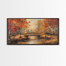 Carregar imagem no visualizador da galeria, Autumn Bridge Over Quiet River Tall Art Framed Canvas Print Serene Fall Landscape With Colorful Foliage And Peaceful Reflections
