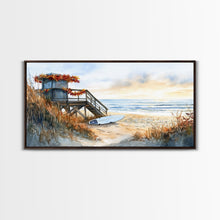 Cargar imagen en el visor de la galería, Christmas vacation decor Framed Canvas Print coastal beach cabin snowy winter landscape holiday decor gallery wall Christmas wall print
