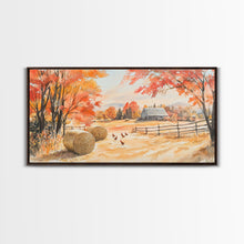 Carregar imagem no visualizador da galeria, Autumn farmhouse decor Canvas Print fall landscape with barn and chickens harvest season gift idea rustic fall wall art holiday home decor

