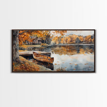 Cargar imagen en el visor de la galería, Fall lake house decor Framed Canvas Print serene lakeside cabin canoe rustic autumn wall art seasonal decor gift idea cozy fall home decor
