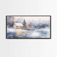 Load image into Gallery viewer, Christmas winter cabin Framed Canvas Print snowy lakeside cabin Christmas tree cozy holiday decor winter wonderland art Christmas wall decor
