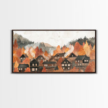 Carregar imagem no visualizador da galeria, Autumn village decor Framed Canvas Print rustic village with fall trees cozy seasonal wall art gift idea moody landscape autumn home decor
