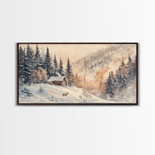 Load image into Gallery viewer, Christmas winter cabin Canvas Print snowy mountain cabin deer cozy holiday wall art winter wonderland seasonal decor Christmas gift idea
