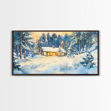 Load image into Gallery viewer, Winter cabin decor Framed Canvas Print snowy cabin and trees winter wonderland cozy holiday wall art gift idea Christmas home decor
