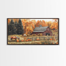 Carregar imagem no visualizador da galeria, Autumn Barn Pumpkin Horses Canvas Print Farmhouse Fall Decor Seasonal Wall Art Framed Canvas Print Rustic Fall Farmhouse Wall Art
