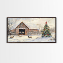 Cargar imagen en el visor de la galería, Christmas Barn Snow Sheep Canvas Print Christmas Farmhouse Decor Rustic Christmas Wall Art Framed Canvas Print Christmas Outdoor Decor
