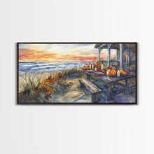 Load image into Gallery viewer, Beach Thanksgiving Table Pumpkins Canvas Print Fall Beach Decor Autumn Coastal Wall Art Framed Canvas Print Seasonal Wall Art
