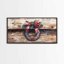 Cargar imagen en el visor de la galería, Festive horseshoe Christmas art, rustic holiday decor, farmhouse holiday gift idea, cozy winter home decor, framed canvas print
