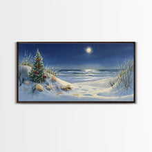 Cargar imagen en el visor de la galería, Christmas Tree on Snowy Beach with Full Moon, Framed Canvas Print, Coastal Christmas Art, Nautical Holiday Decor, Winter Wonderland, Beach
