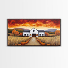 Carregar imagem no visualizador da galeria, Autumn pumpkin farm with barn, canvas print, fall farmhouse decor, rustic autumn home decor, cozy fall harvest wall art for seasonal display

